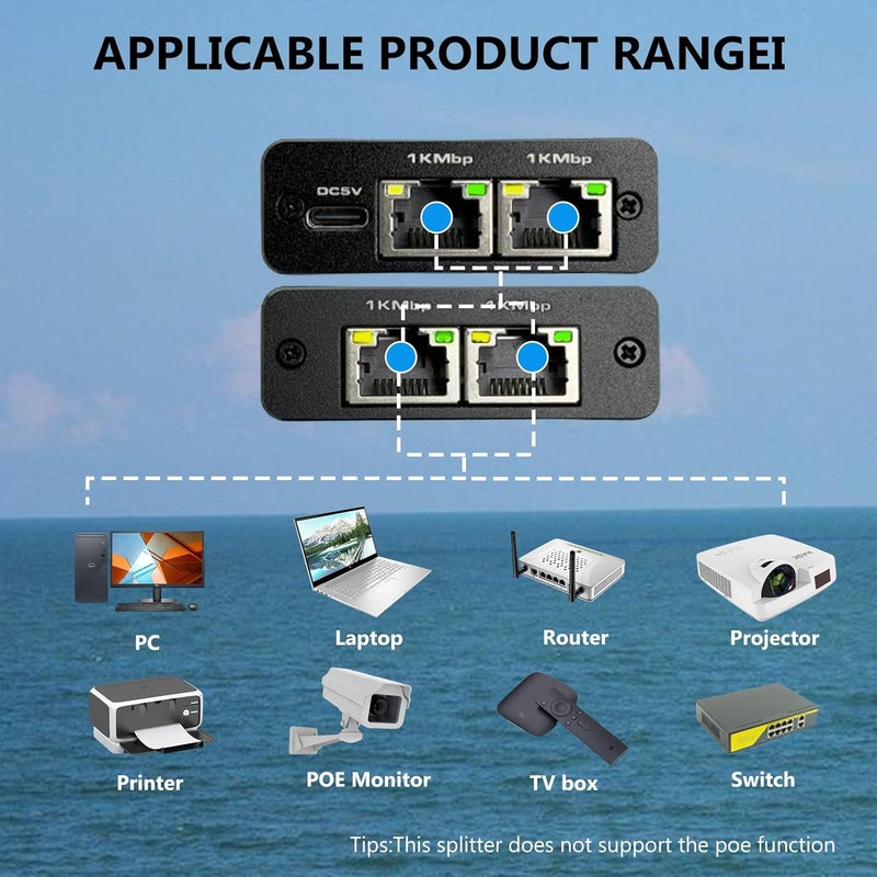 Pushua Gigabit Ethernet Splitter High Speed 1 to 3, 1000Mbps LAN Splitters (3 Devices Simultaneous Networking), RJ45 Splitter Adapter with USB Power Cable, Internet Splitters for Cat5/5e/6/7/8 Cable - Image 3